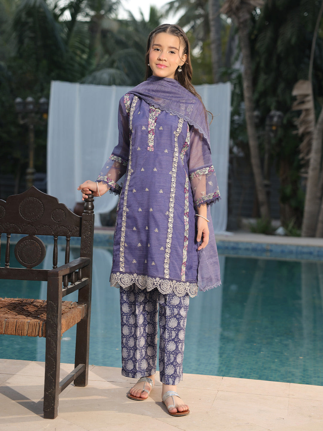 Oaks - Embroidered Slub net polly Suit For Girl - Navy Blue - 3 Piece