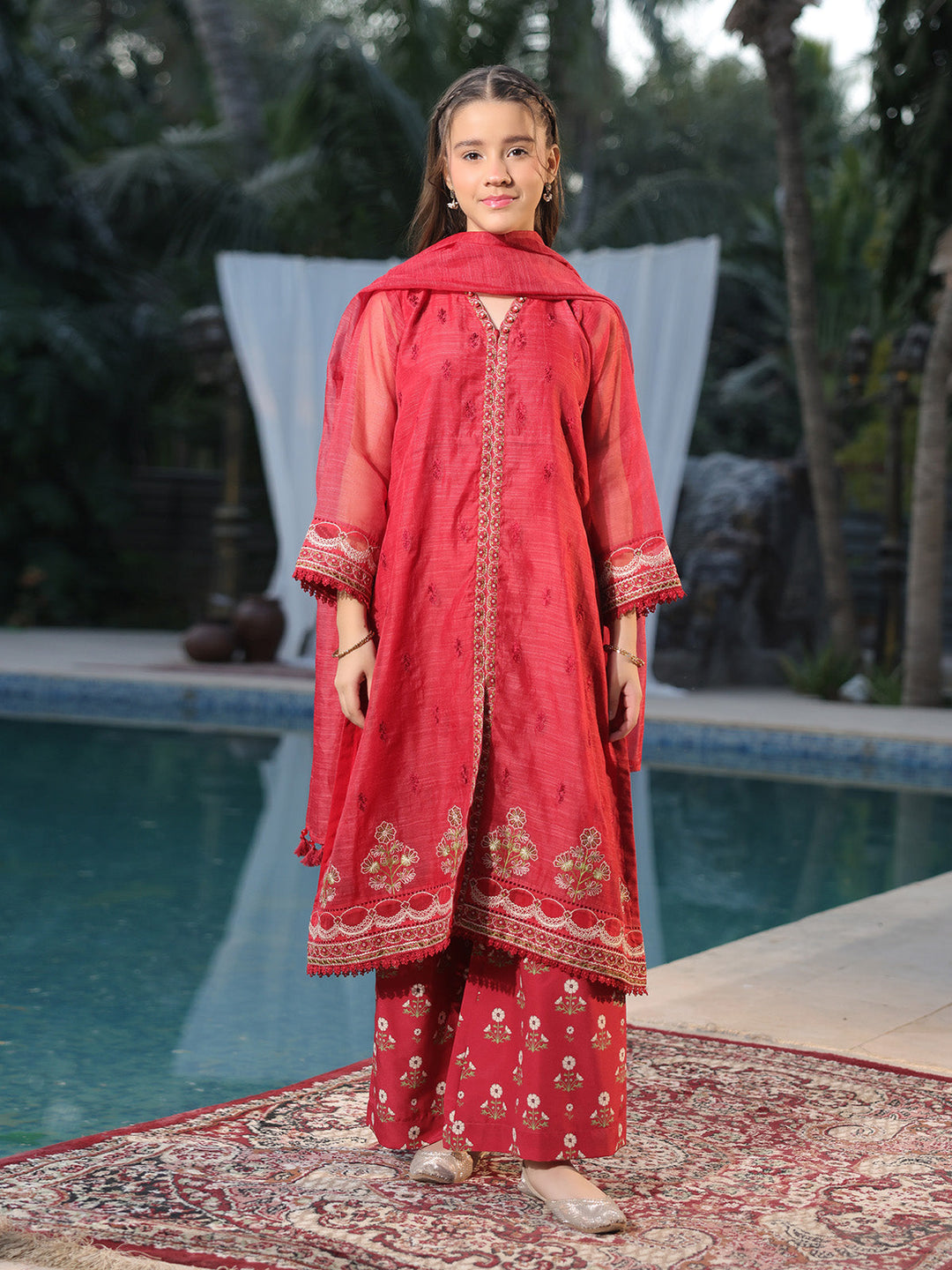 Oaks - Embroidered Slub net polly Suit For Girl - Red - 3 Piece