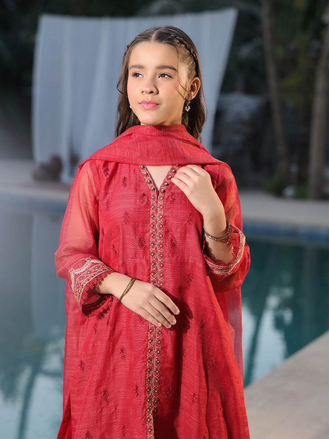 Oaks - Embroidered Slub net polly Suit For Girl - Red - 3 Piece