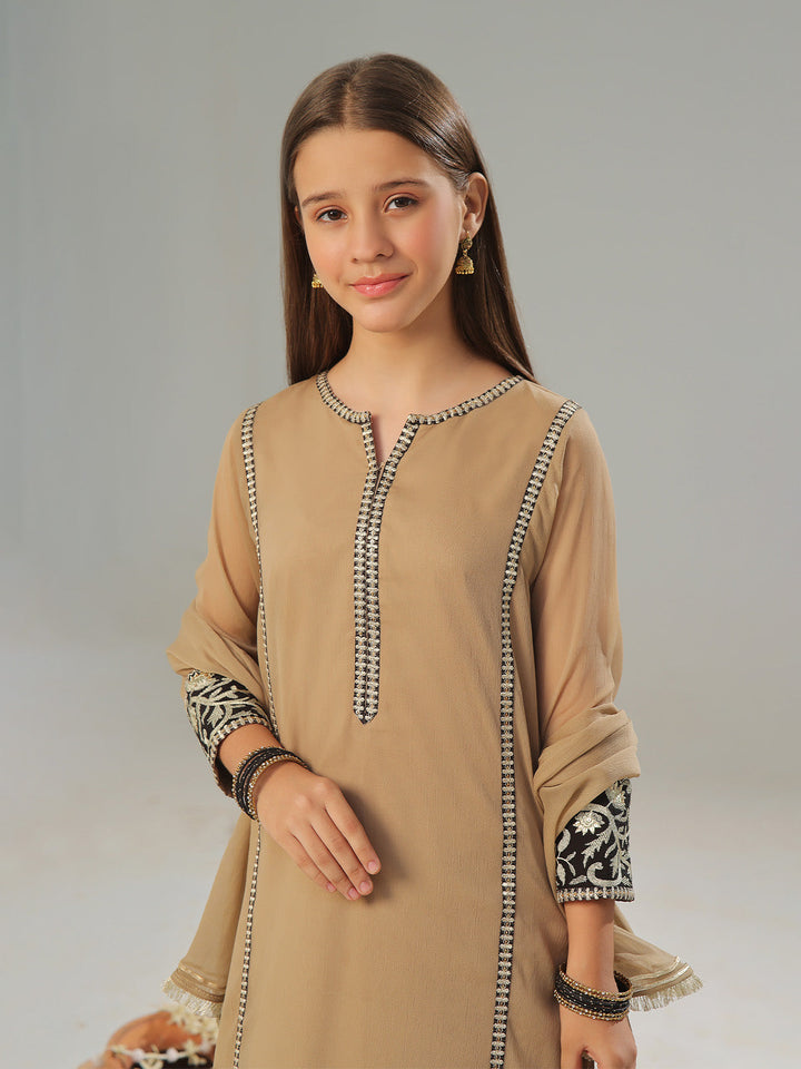 Oaks - Embroidered Suit Pret Dyed Chiffon Fawn  - 3 Piece