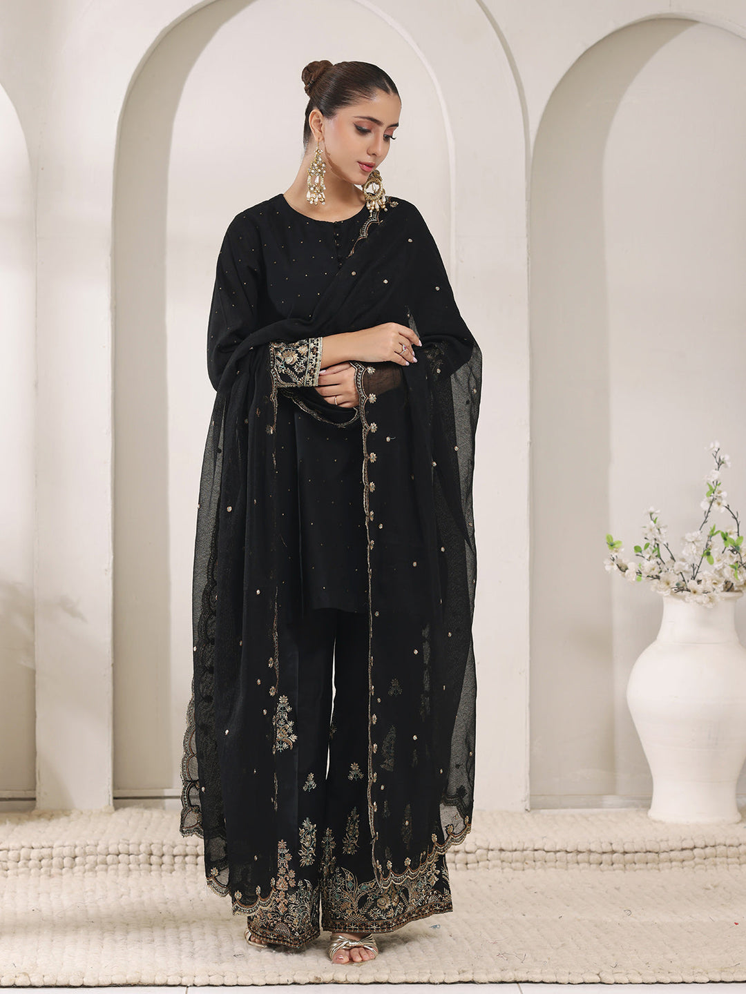 Oaks - Jacquard Embroidered Pret Suit For Women - Black - 3 Piece