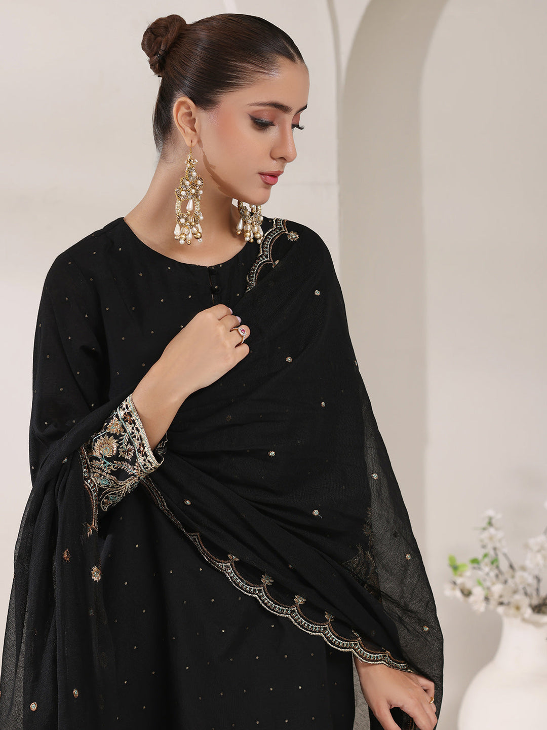 Oaks - Jacquard Embroidered Pret Suit For Women - Black - 3 Piece