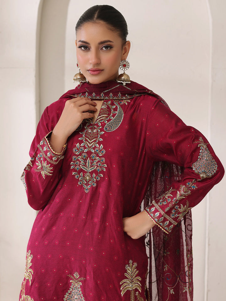 Oaks - Jacquard Embroidered Pret Suit For Women - Magenta - 3 Piece