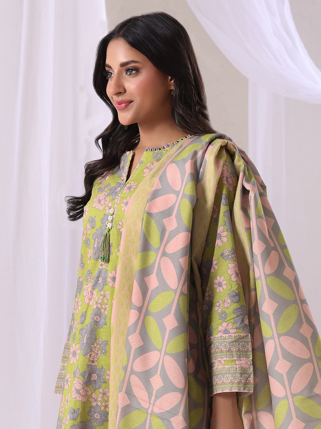 Oaks - Lawn Printed Unstitch Suit For Women - Beige - 3 Piece