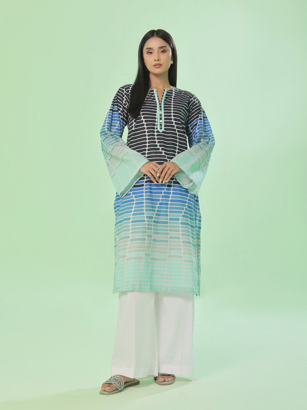 Oaks - Lawn Printed Unstitch Suit For Women - Beige & Black - 1 Piece