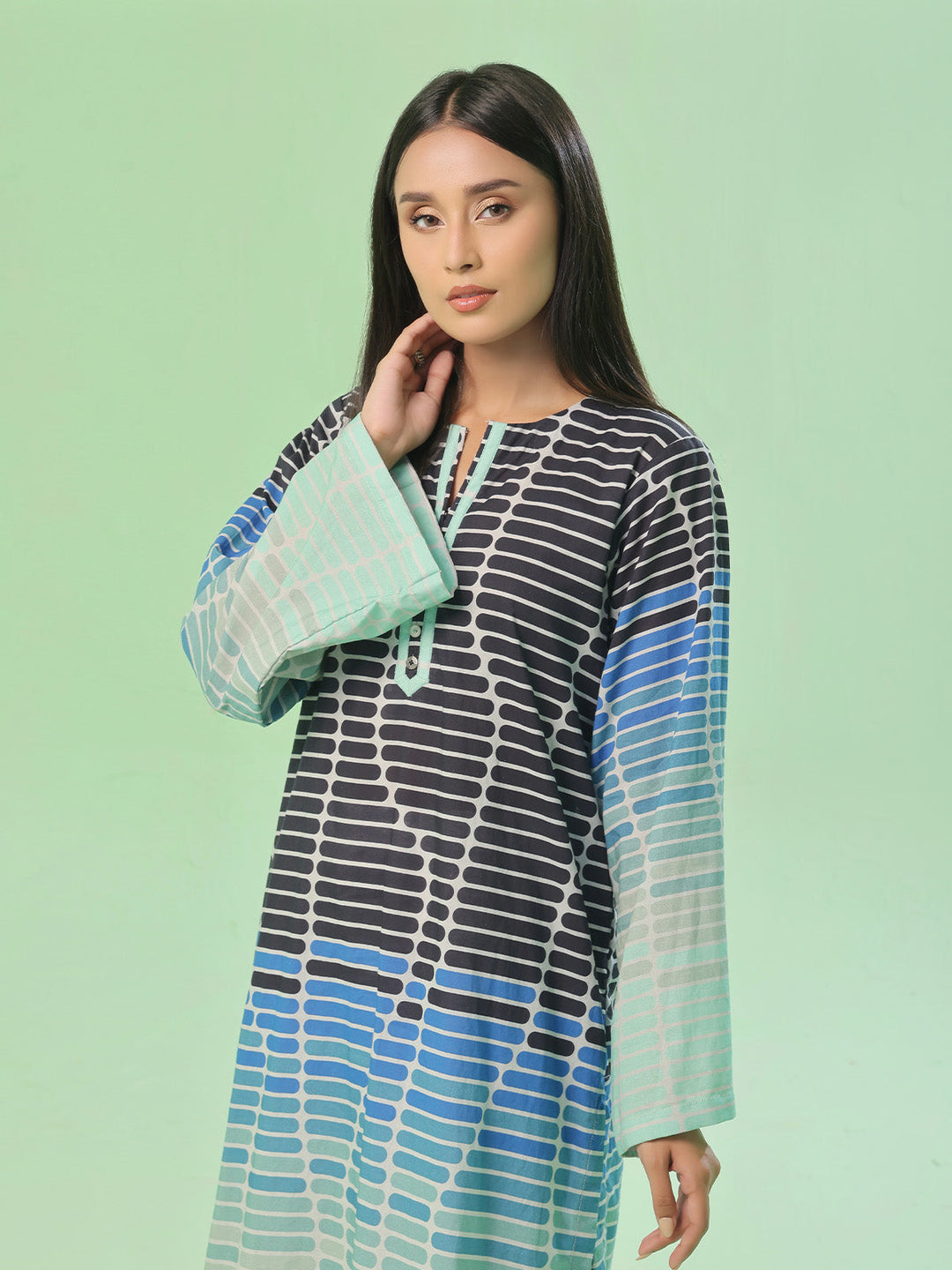 Oaks - Lawn Printed Unstitch Suit For Women - Beige & Black - 1 Piece