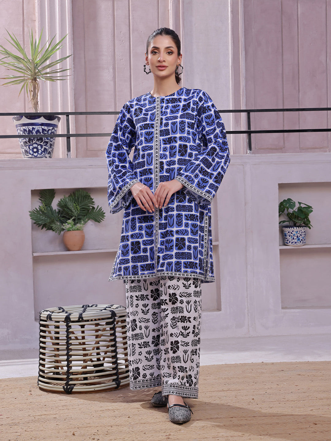 Oaks - Lawn Printed Unstitch Suit For Women - Blue & Black - 2 Piece