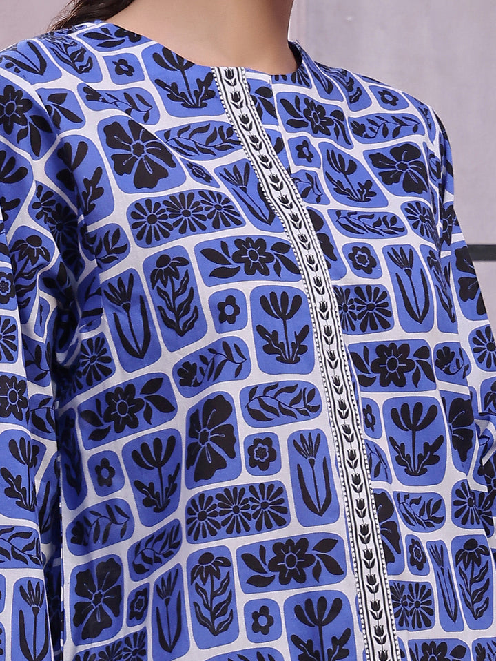 Oaks - Lawn Printed Unstitch Suit For Women - Blue & Black - 2 Piece