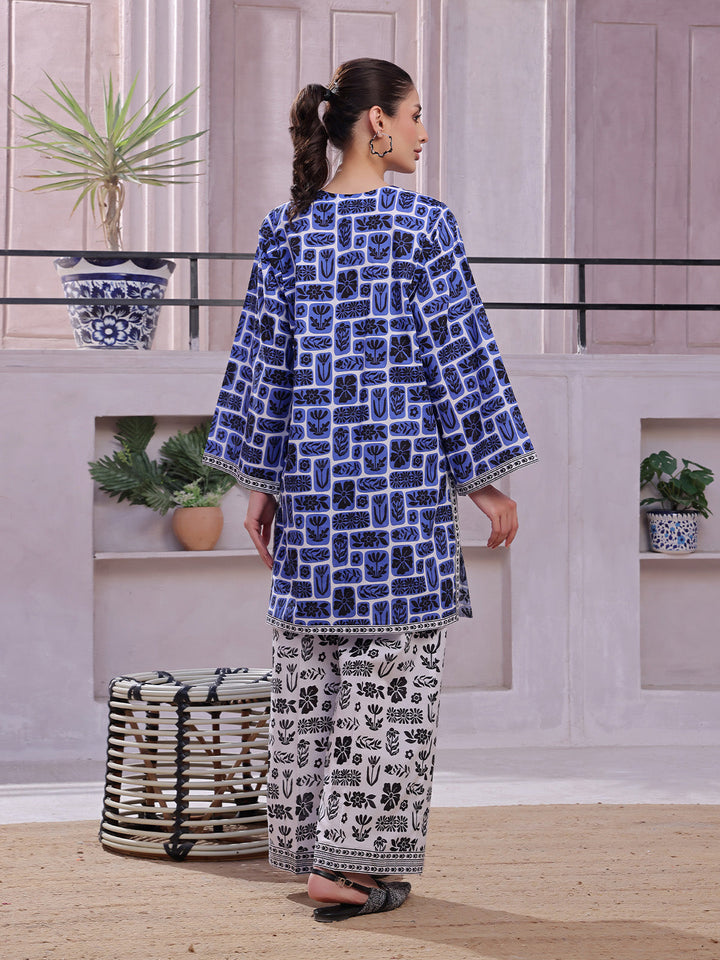 Oaks - Lawn Printed Unstitch Suit For Women - Blue & Black - 2 Piece