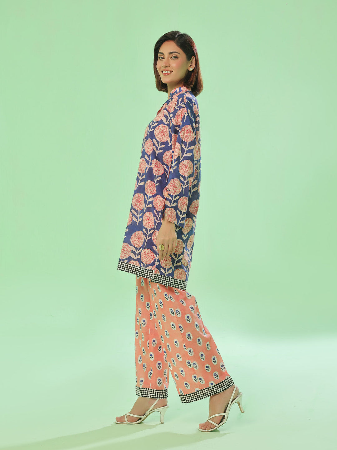 Oaks - Lawn Printed Unstitch Suit For Women - Blue & Peach - 2 Piece