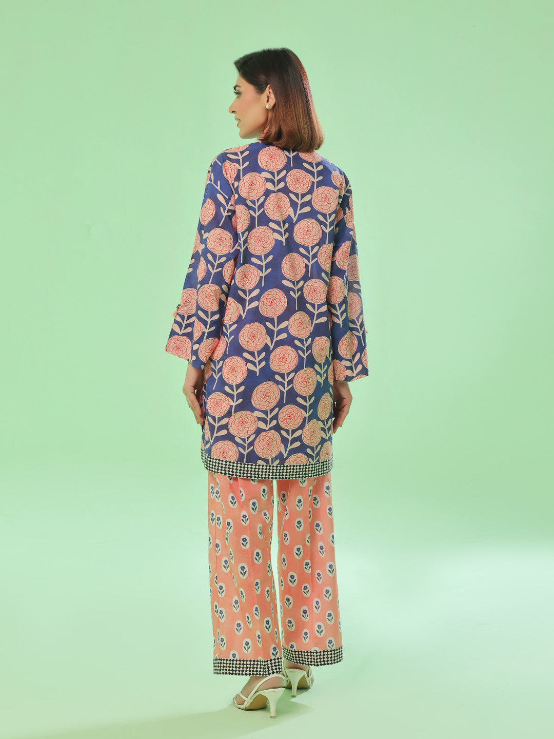Oaks - Lawn Printed Unstitch Suit For Women - Blue & Peach - 2 Piece