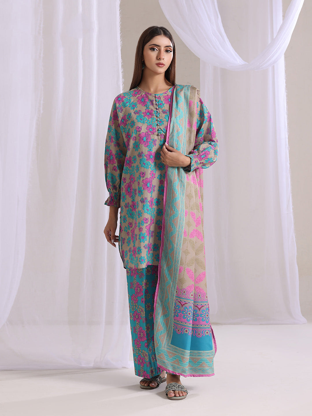 Oaks - Lawn Printed Unstitch Suit For Women - Grey & Green - 3 Piece