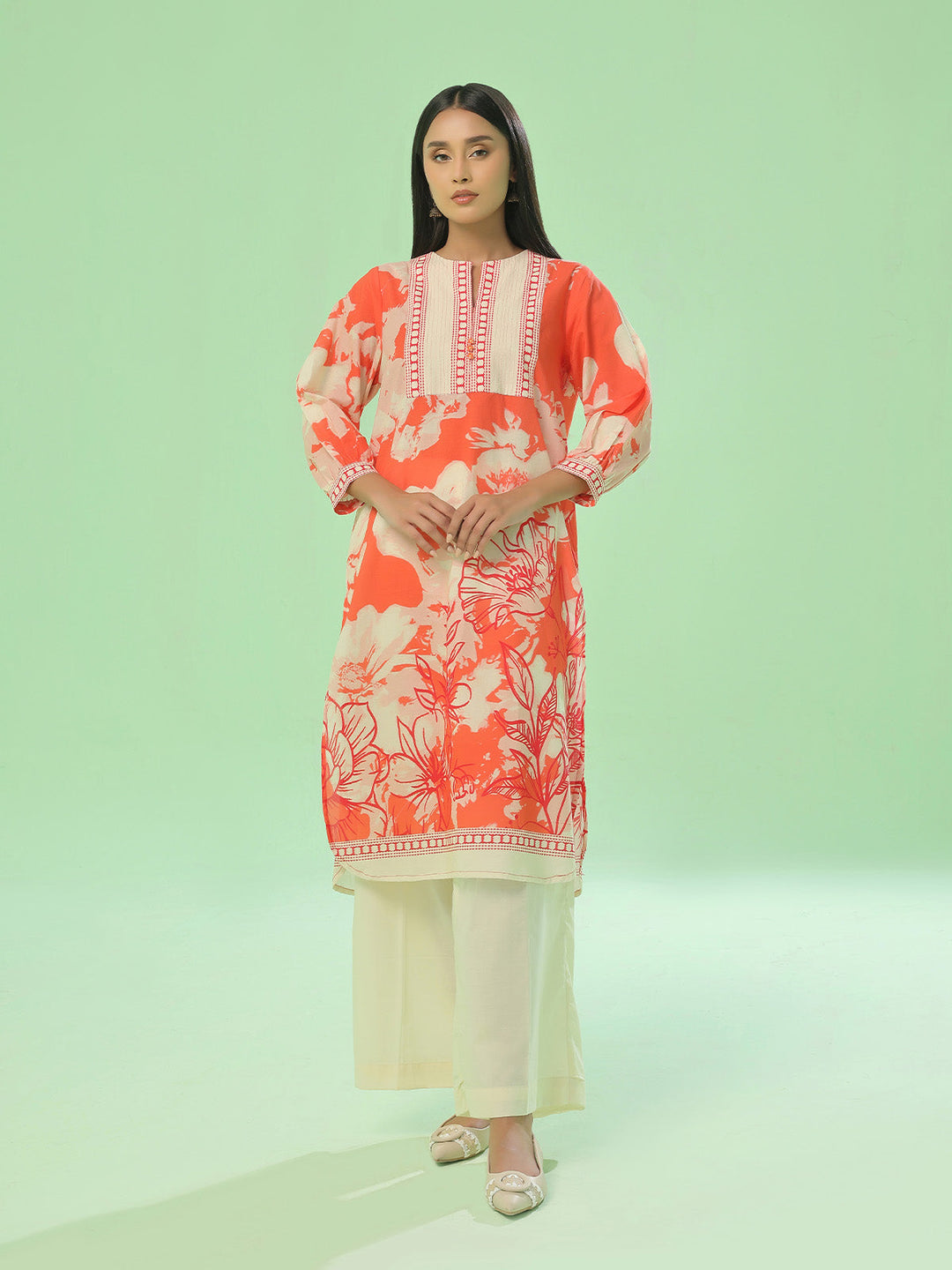 Oaks - Lawn Printed Unstitch Suit For Women - Orange - 1 Piece
