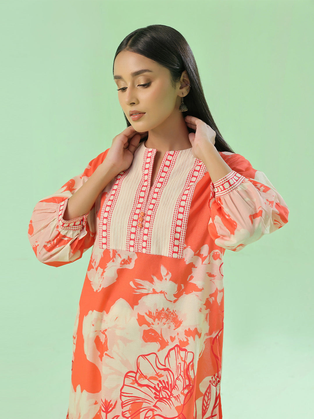 Oaks - Lawn Printed Unstitch Suit For Women - Orange - 1 Piece