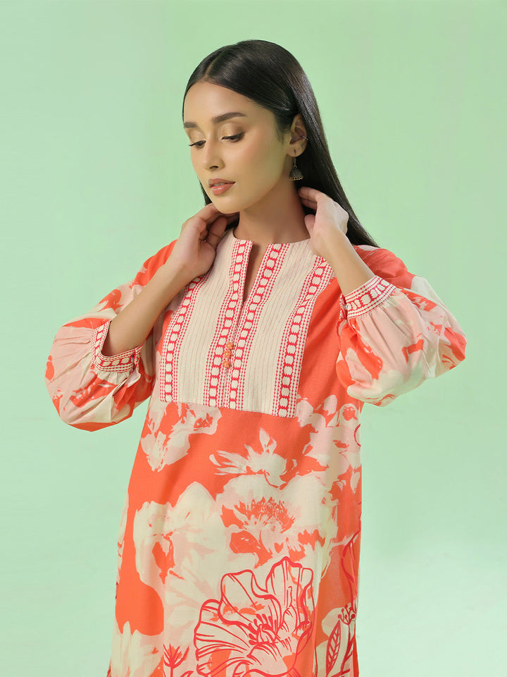 Oaks - Lawn Printed Unstitch Suit For Women - Orange - 1 Piece