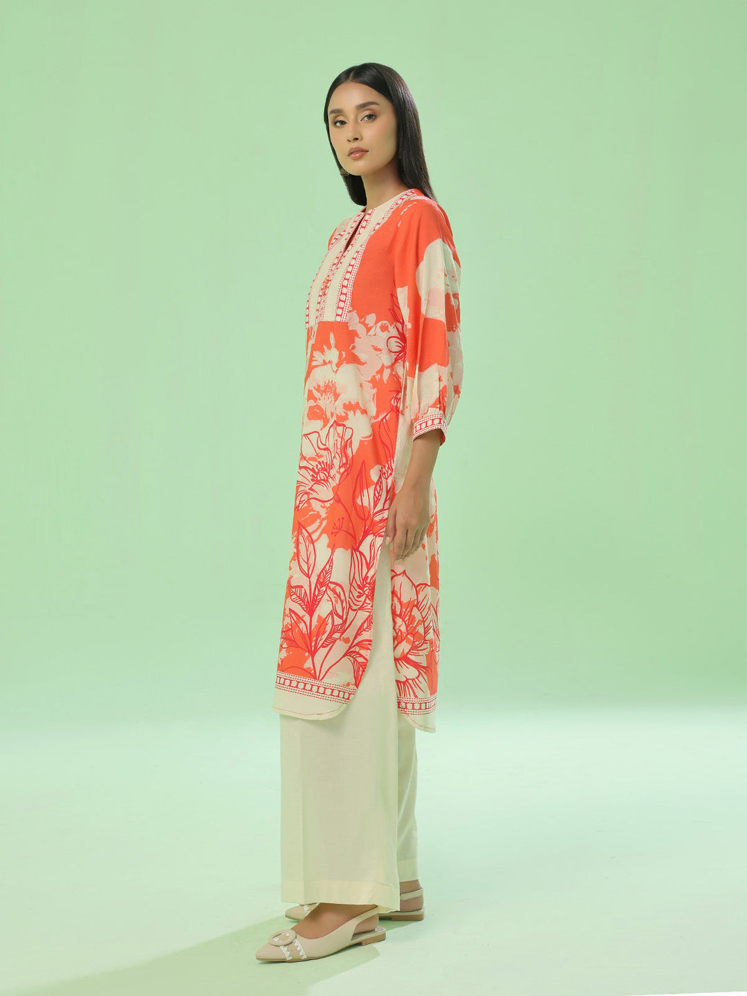 Oaks - Lawn Printed Unstitch Suit For Women - Orange - 1 Piece