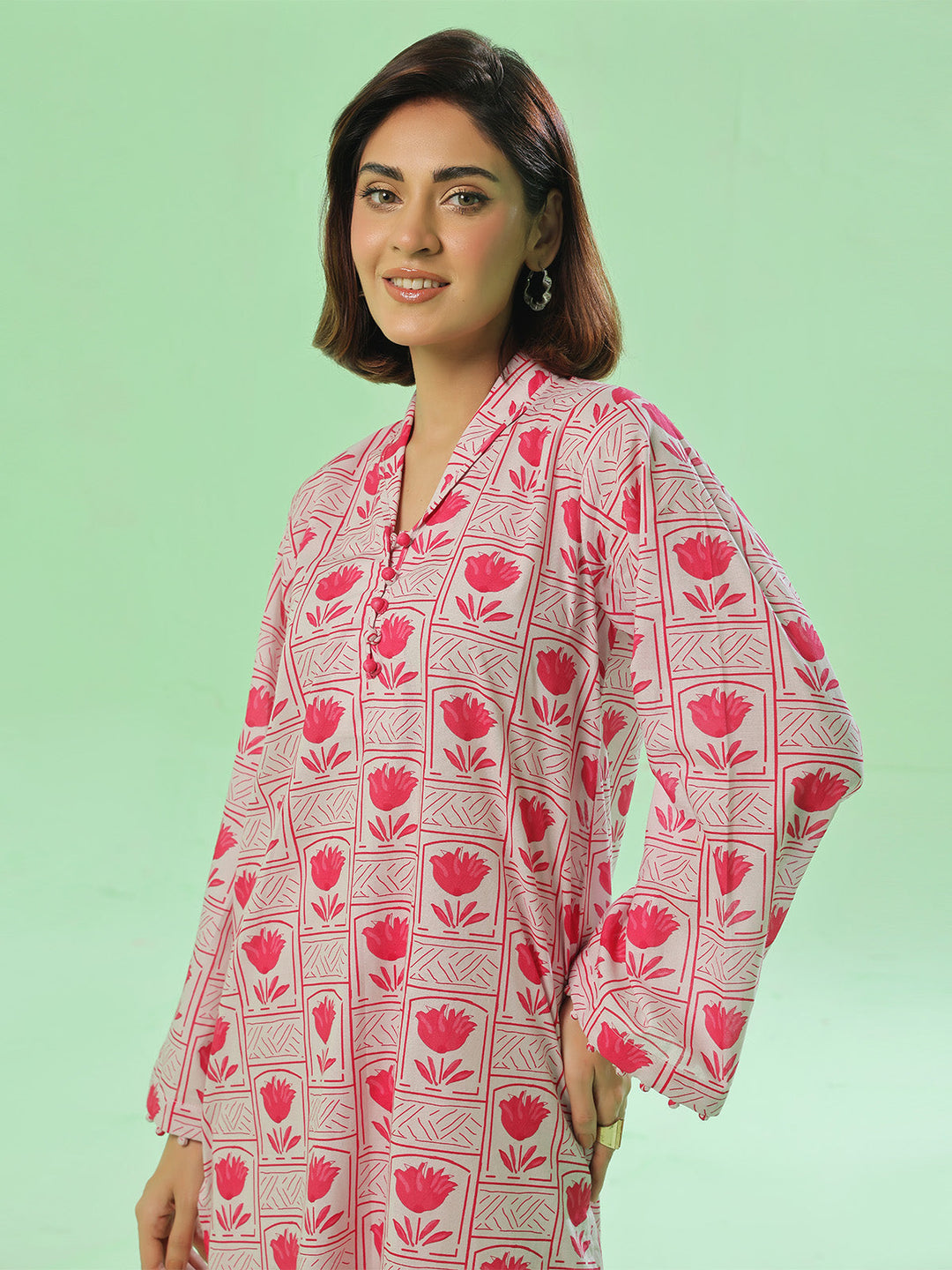 Oaks - Lawn Printed Unstitch Suit For Women - Pink - 2 Piece