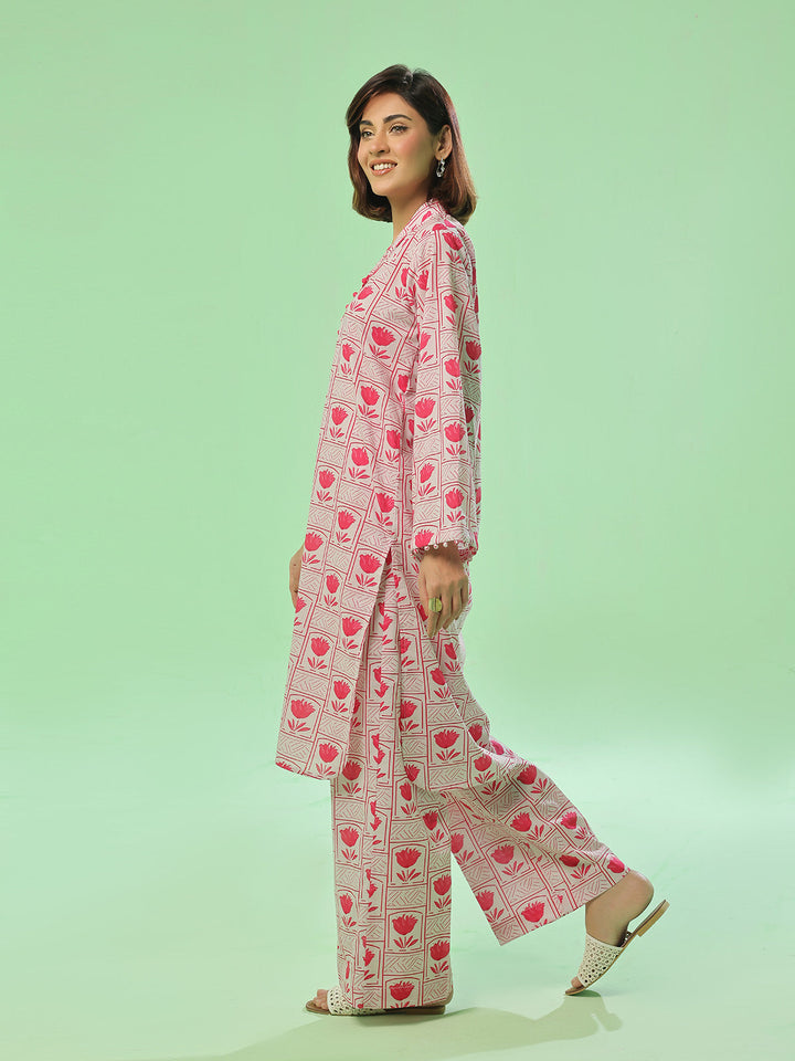 Oaks - Lawn Printed Unstitch Suit For Women - Pink - 2 Piece