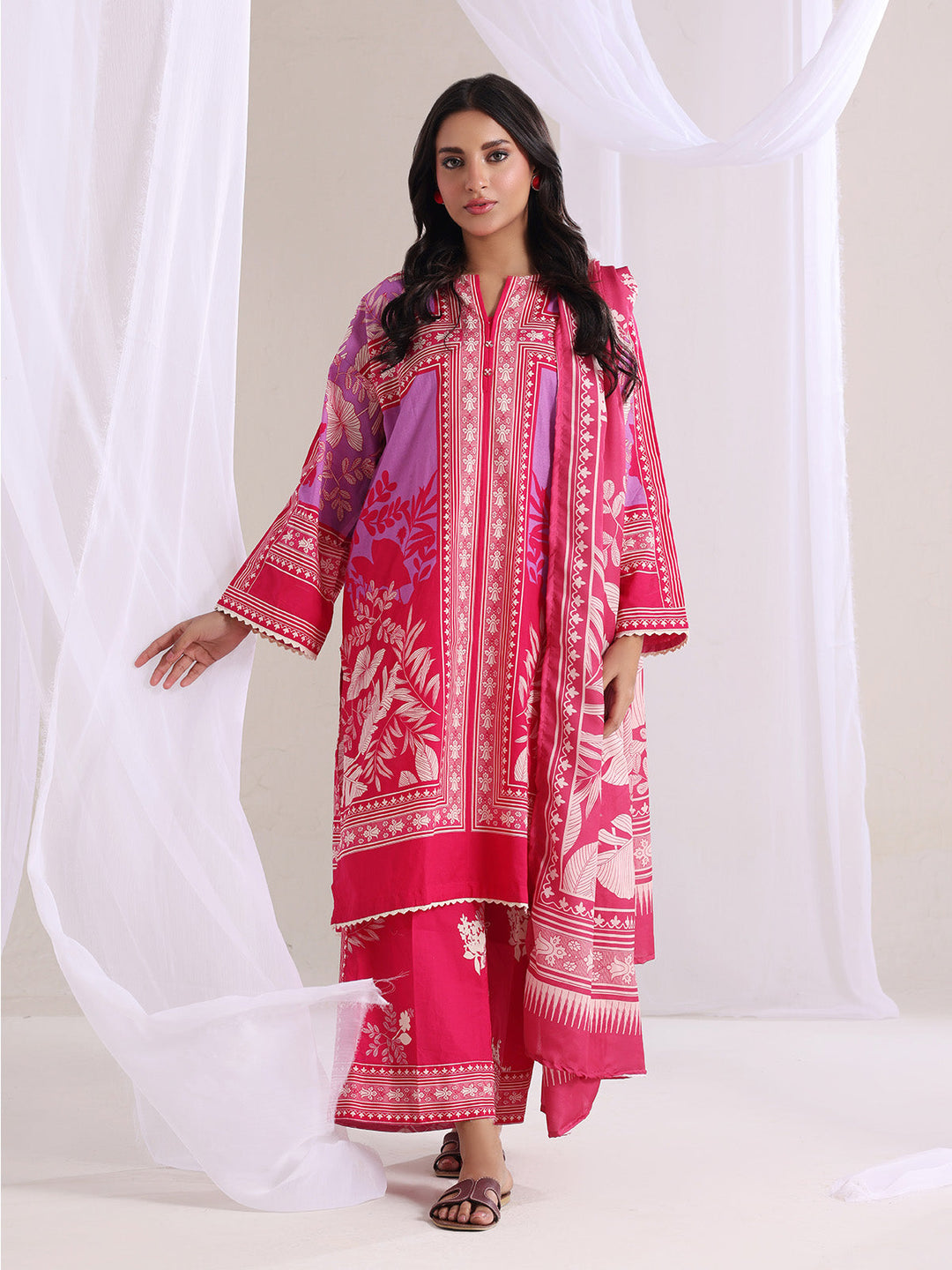 Oaks - Lawn Printed Unstitch Suit For Women - Red - 3 Piece