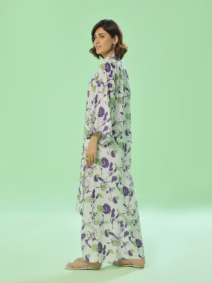 Oaks - Lawn Printed Unstitch Suit For Women - White & Blue - 2 Piece