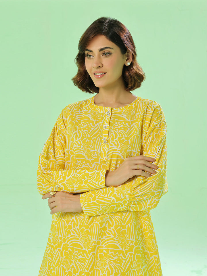 Oaks - Lawn Printed Unstitch Suit For Women - Yellow - 2 Piece