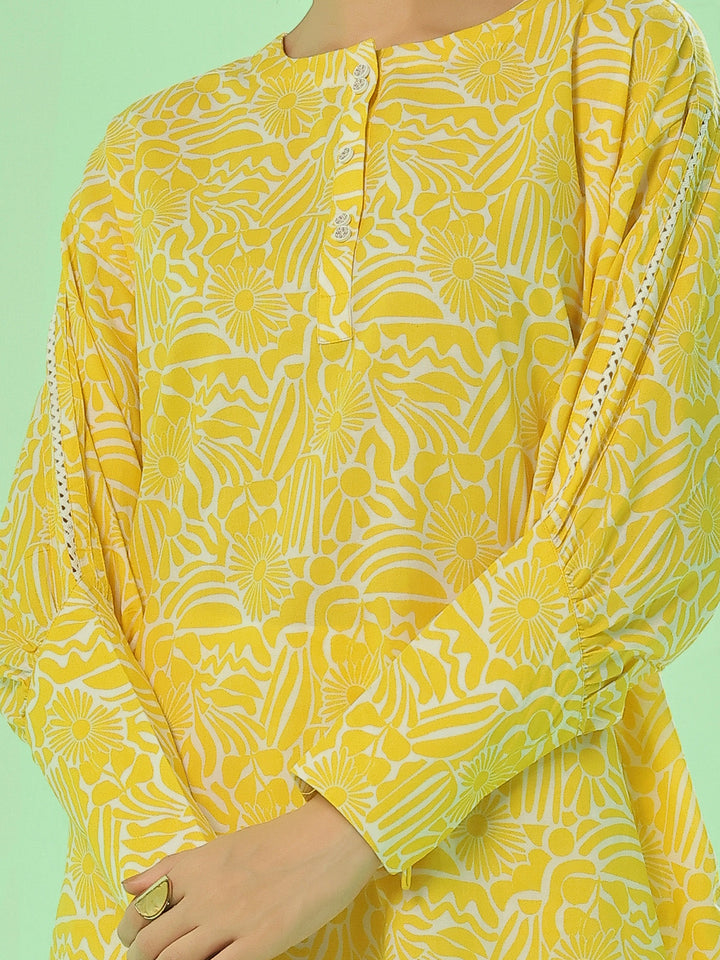 Oaks - Lawn Printed Unstitch Suit For Women - Yellow - 2 Piece