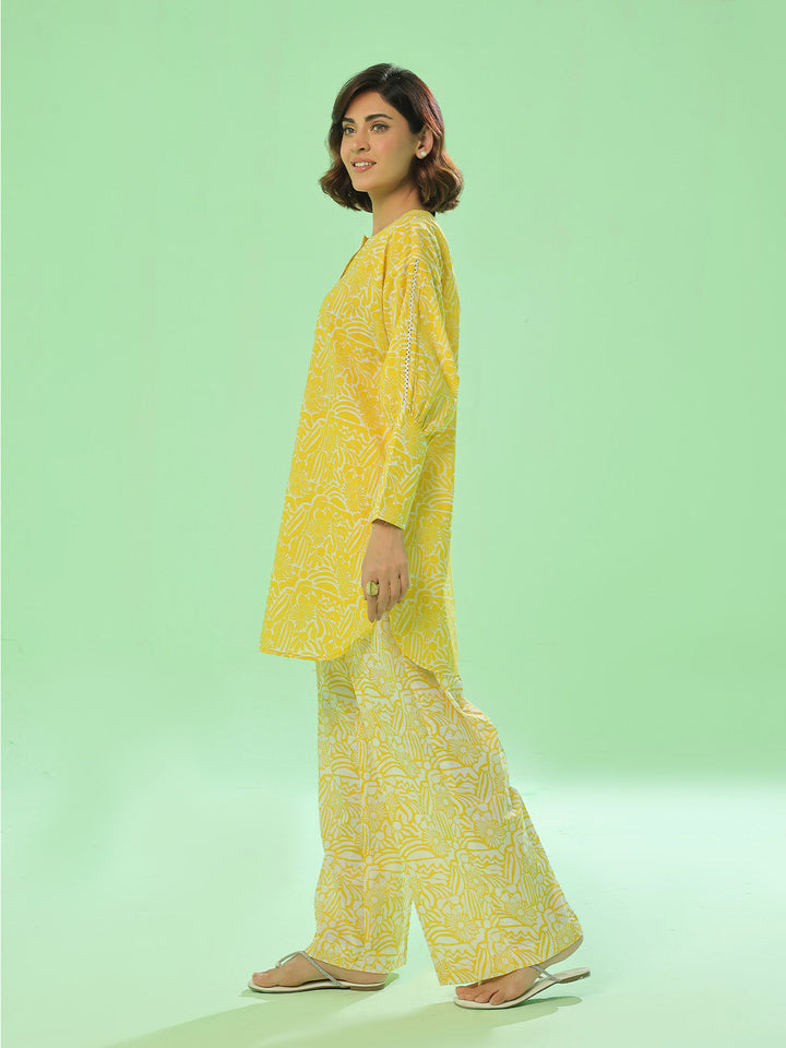 Oaks - Lawn Printed Unstitch Suit For Women - Yellow - 2 Piece