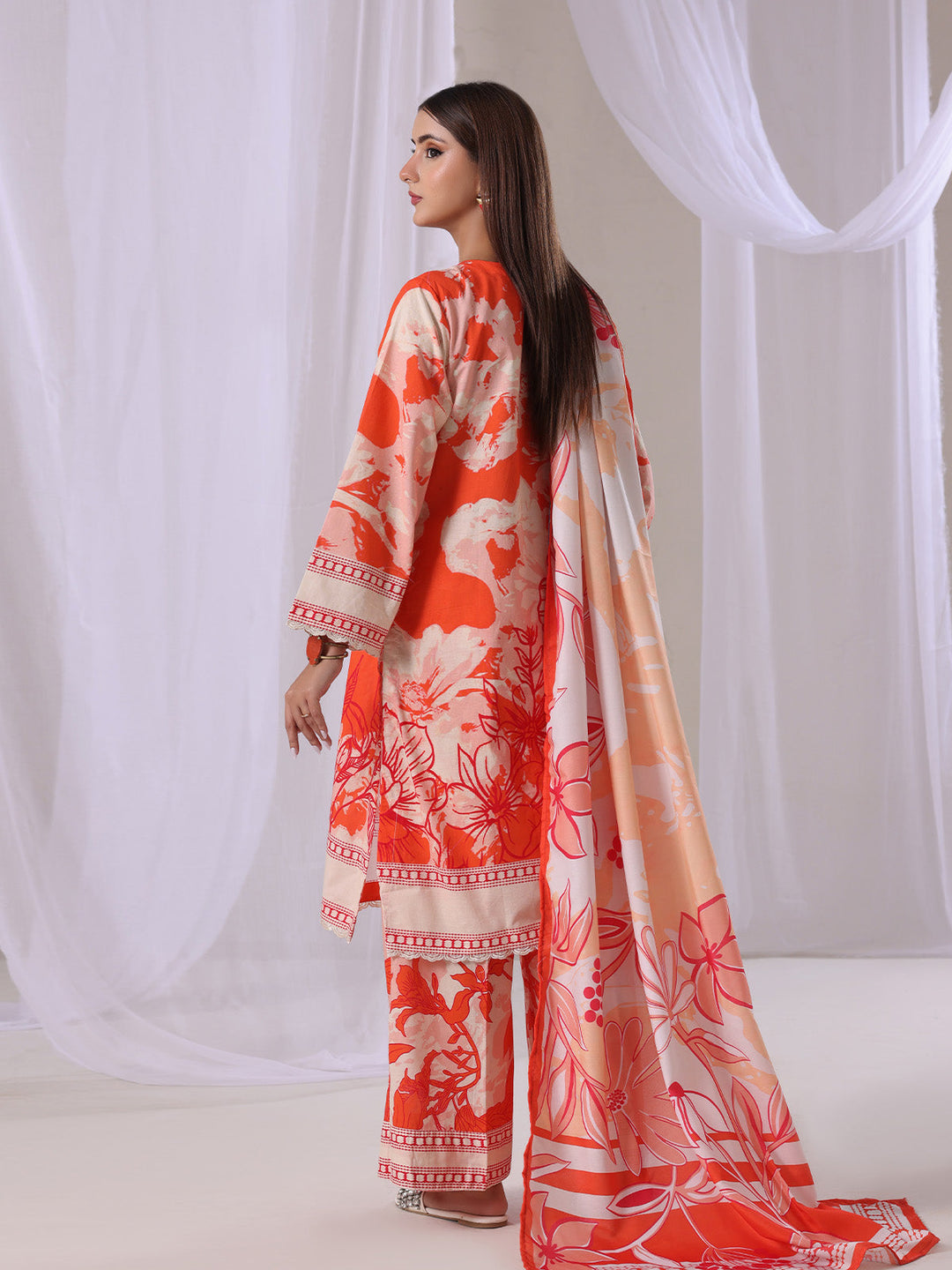 Oaks - Lawn Suit For Women - Orange - 3 Piece