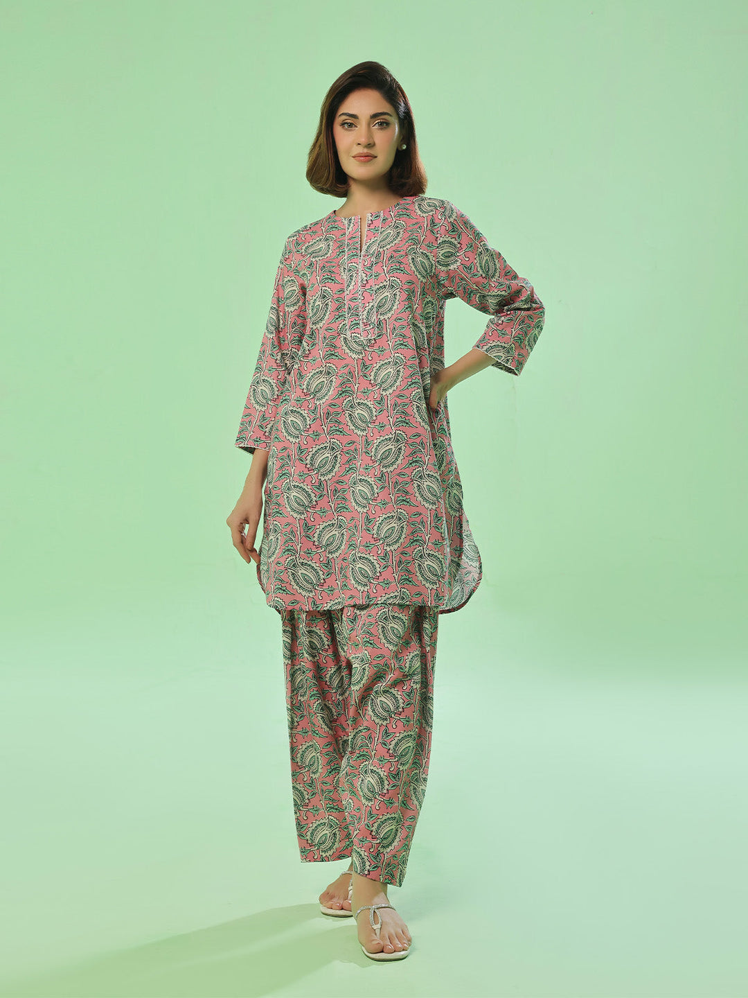 Oaks - Lawn Suit For Women - Pink&Green - 2 Piece
