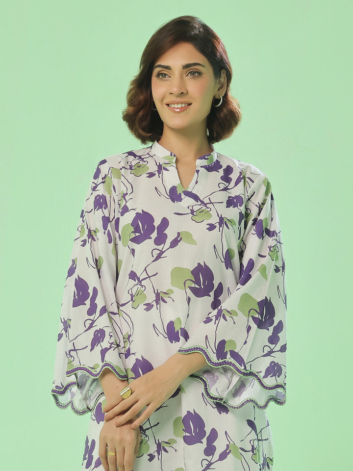 Oaks - Lawn Suit For Women - White&amp;Purple - 2 Piece