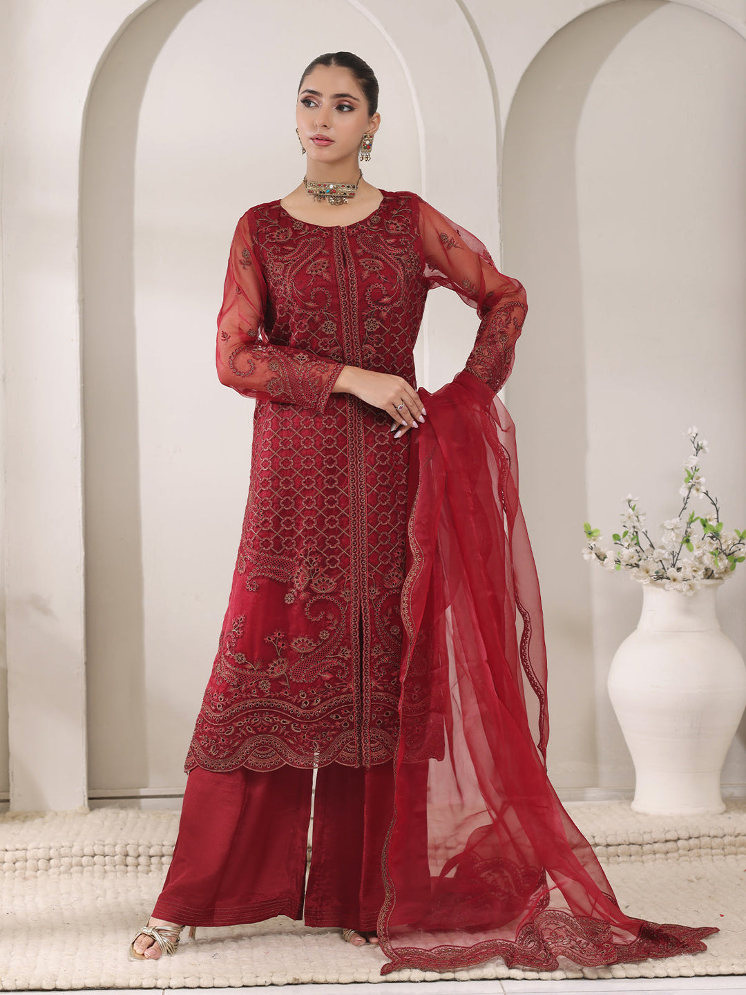 Oaks - Organza Embroidered Pret Suit For Women - Maroon - 3 Piece