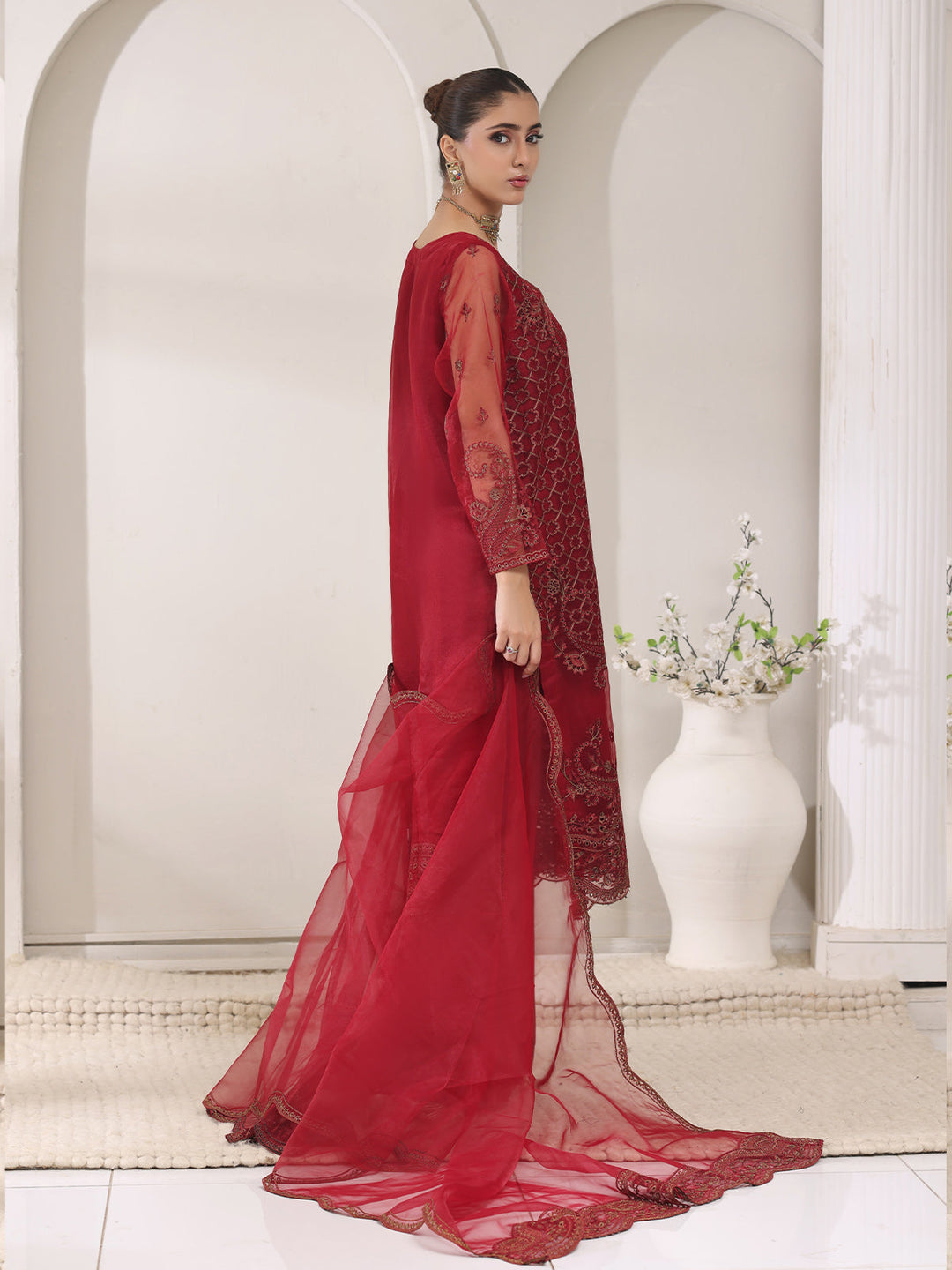 Oaks - Organza Embroidered Pret Suit For Women - Maroon - 3 Piece