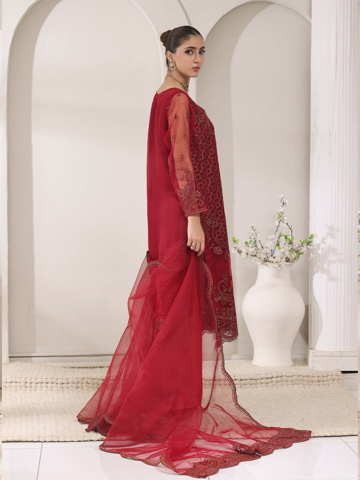 Oaks - Organza Embroidered Pret Suit For Women - Maroon - 3 Piece