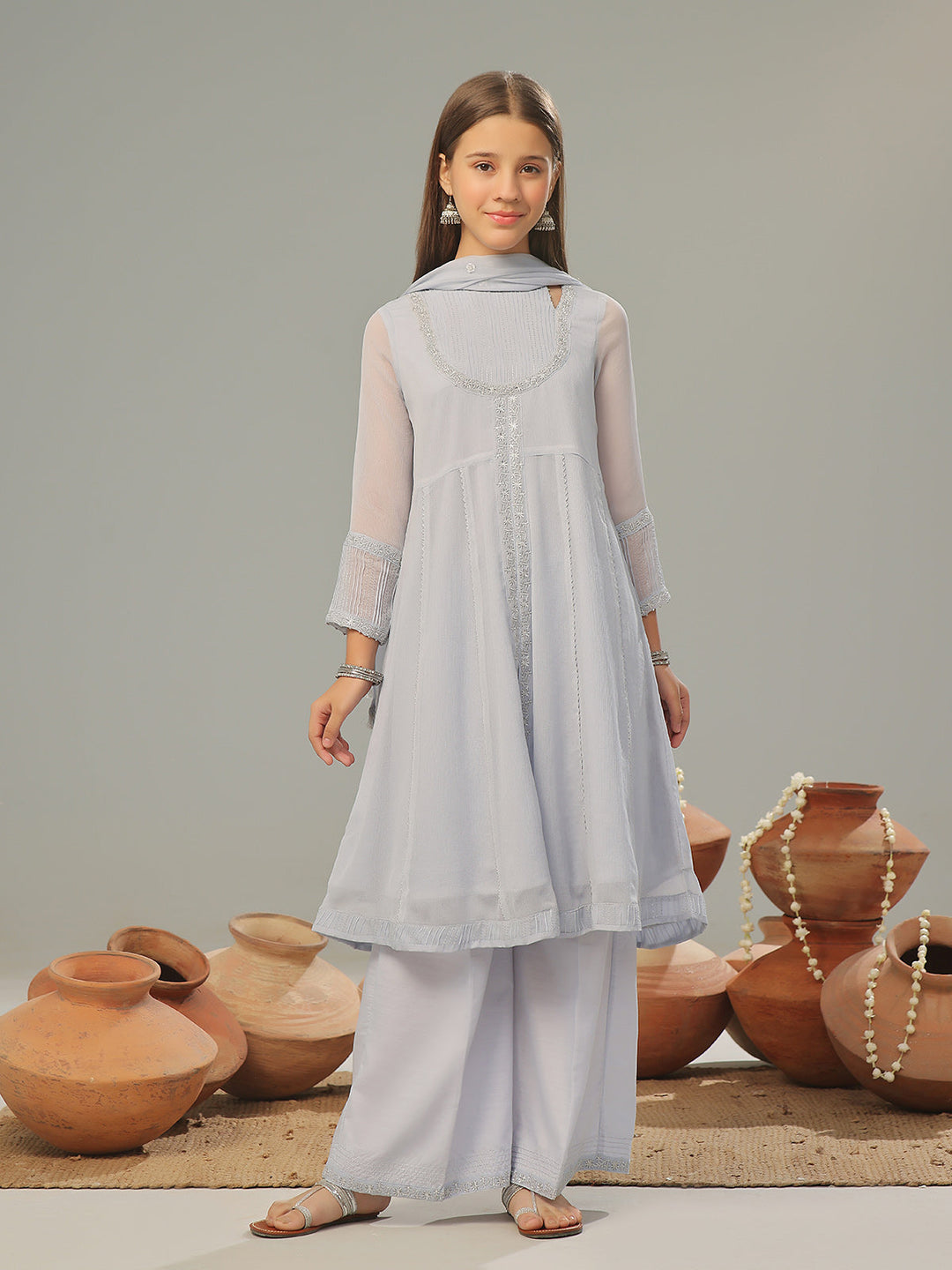 Oaks - Organza Embroidered Pret Suit For Women - Sky Blue - 3 Piece