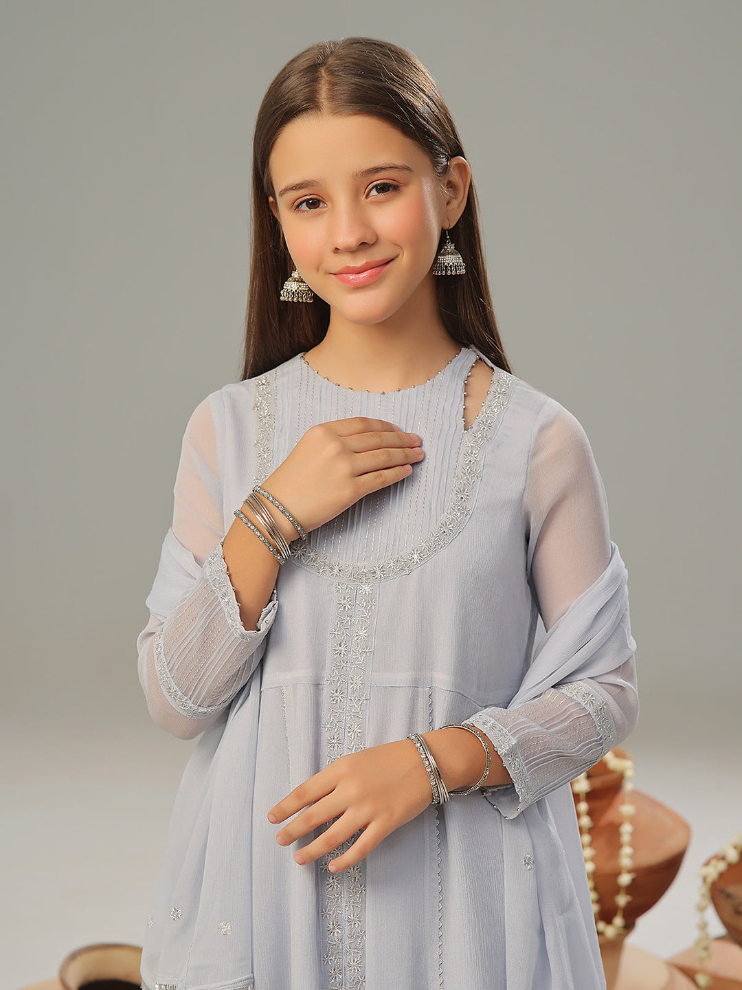 Oaks - Organza Embroidered Pret Suit For Women - Sky Blue - 3 Piece