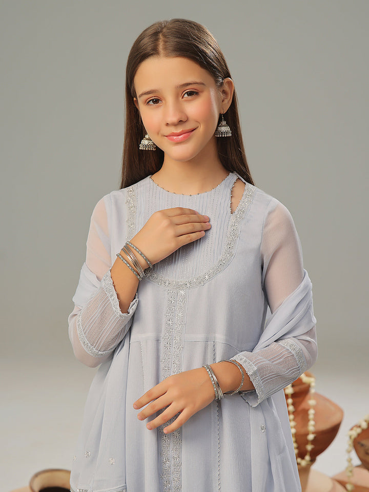 Oaks - Organza Embroidered Pret Suit For Women - Sky Blue - 3 Piece