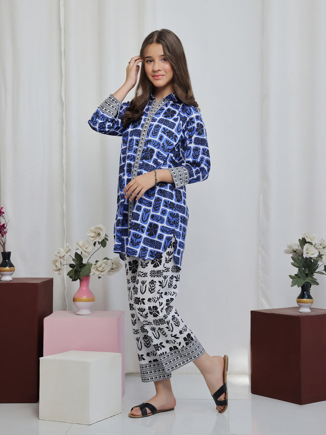 Oaks - Printed Lawn Suit For Girl - Blue&Black - 2 Piece