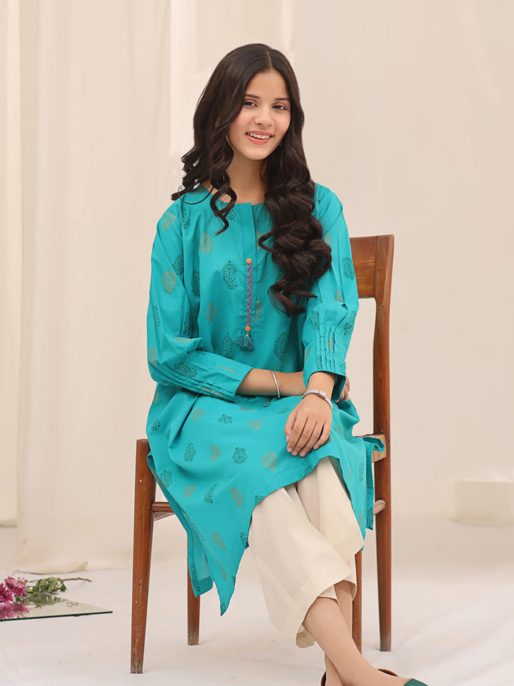 Oaks - Printed Pret Kurti Cotton Aqua Green  - 1 Piece