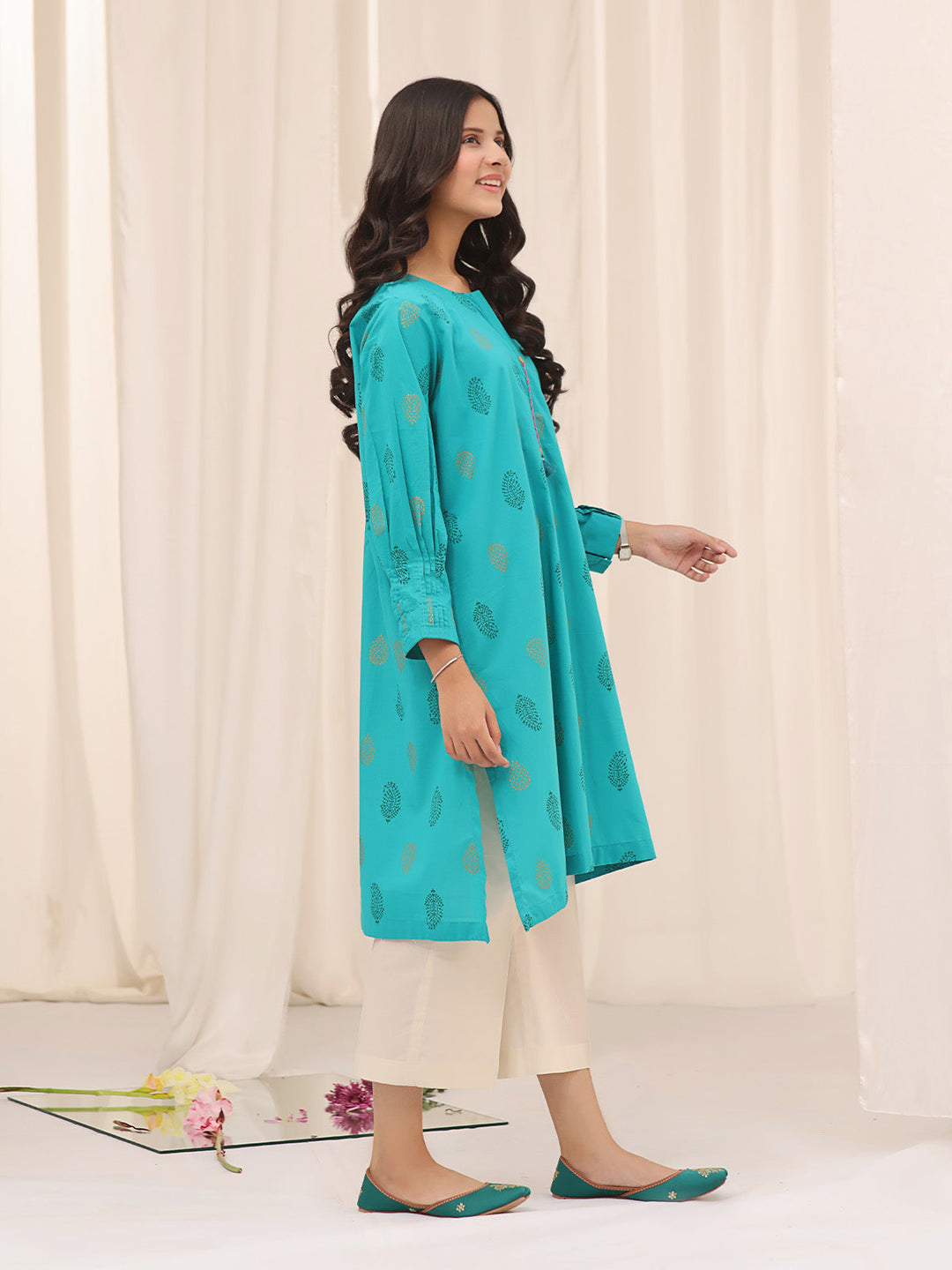 Oaks - Printed Pret Kurti Cotton Aqua Green  - 1 Piece