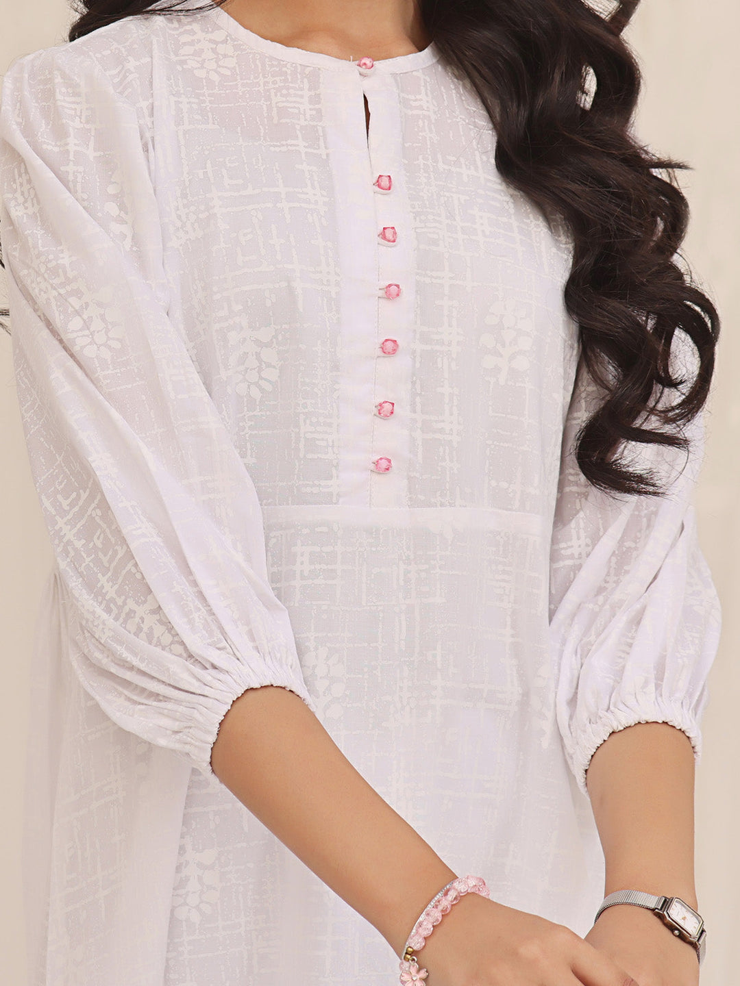 Oaks - Printed Pret Kurti Cotton White  - 1 Piece