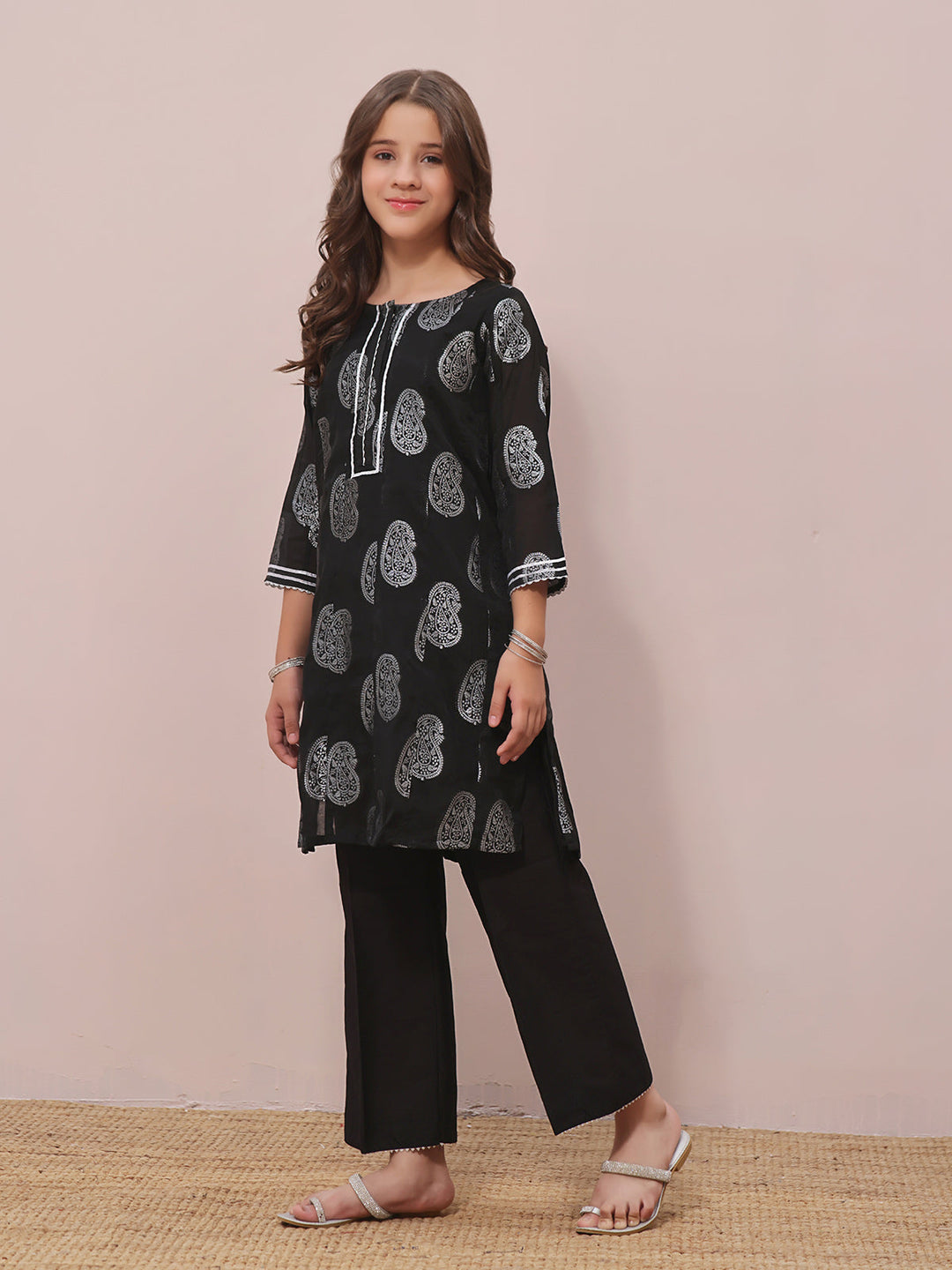 Oaks - Printed Pret Kurti Jacquard Black  - 1 Piece