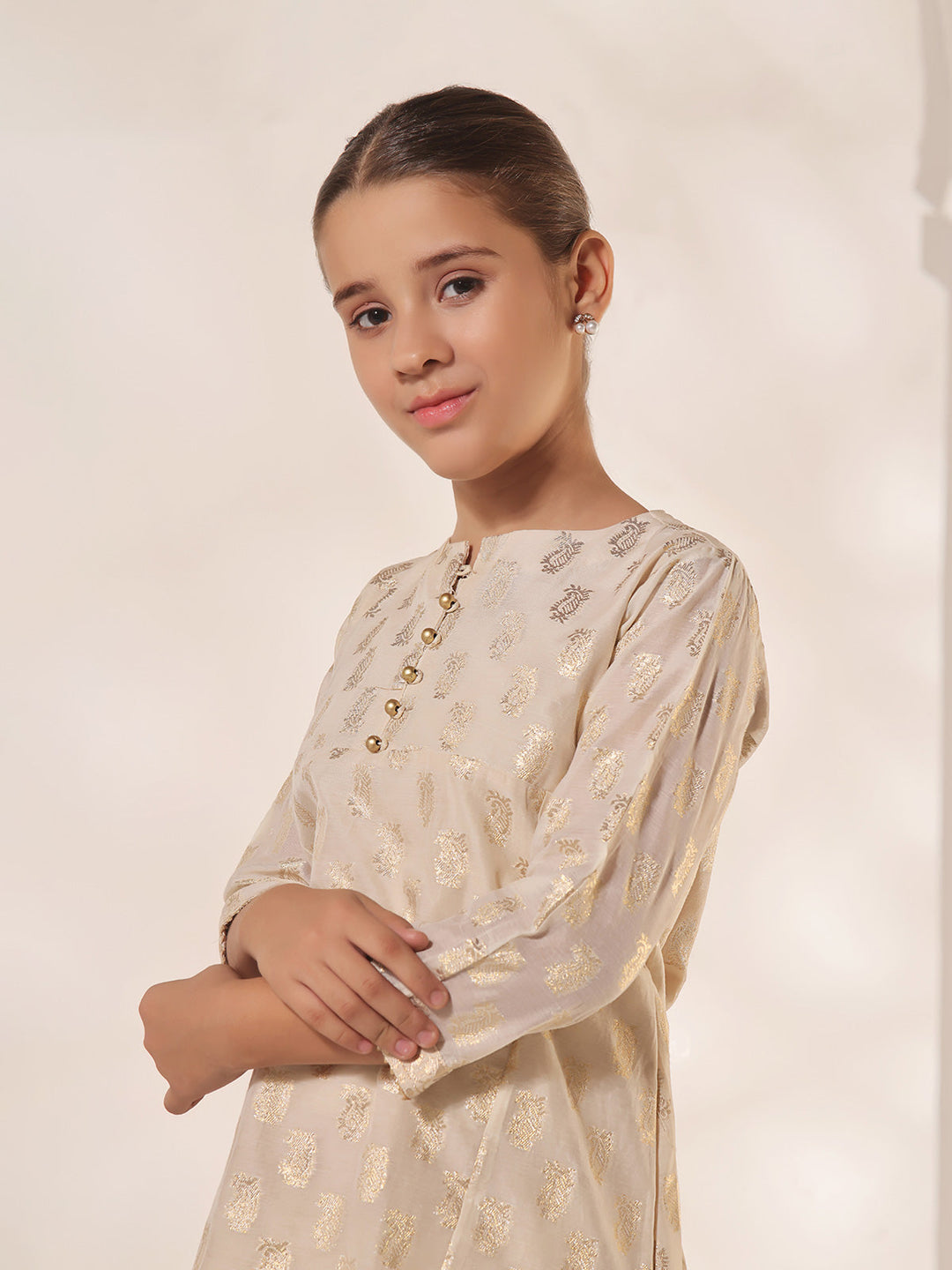 Oaks - Printed Pret Kurti Jacquard Cream  - 1 Piece