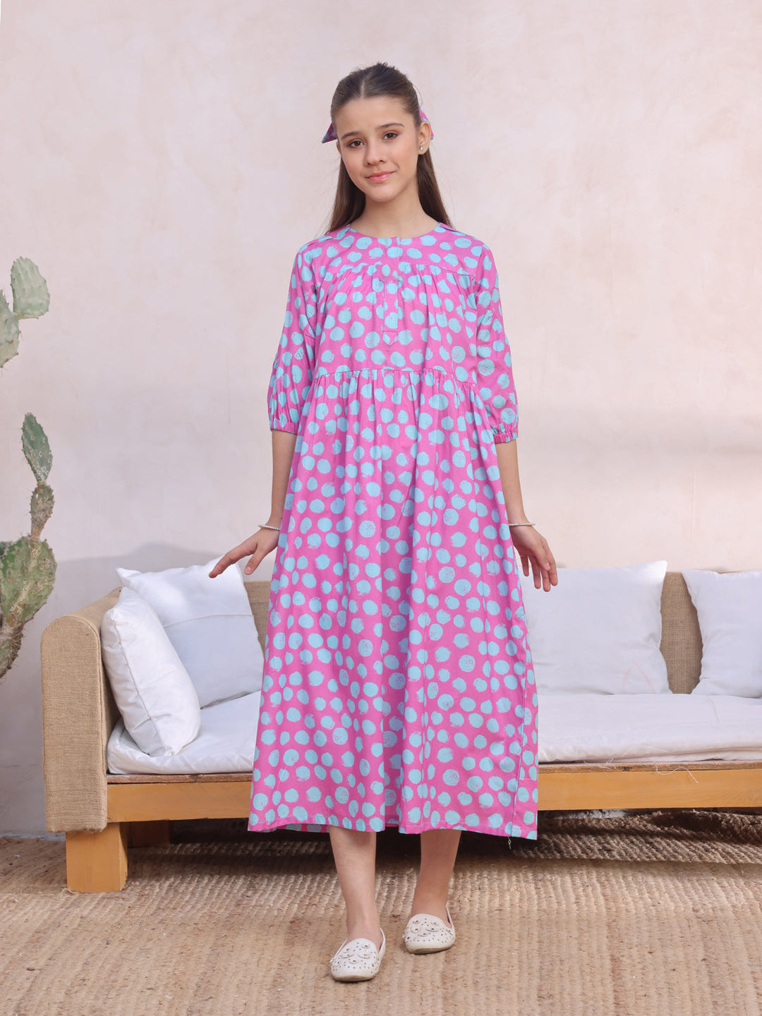 Oaks - Printed Pret Kurti Lawn Pink & ferozi  - 1 Piece