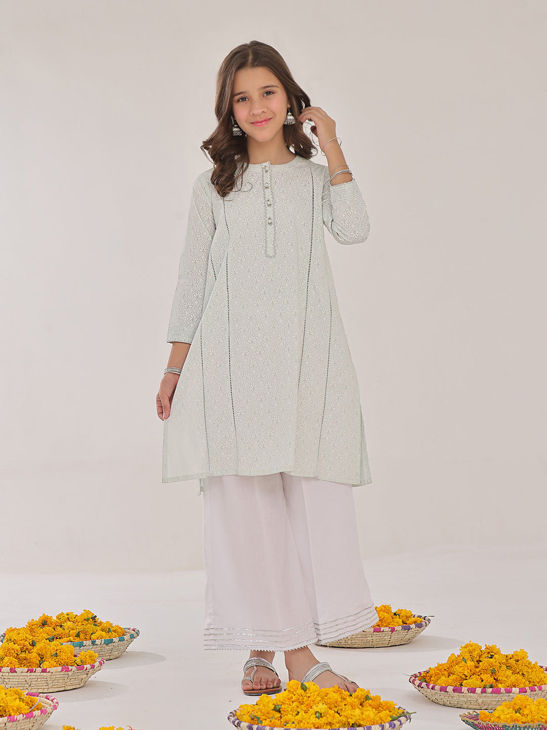Oaks - Printed Pret Kurti Yarn Dyed Green & White  - 1 Piece