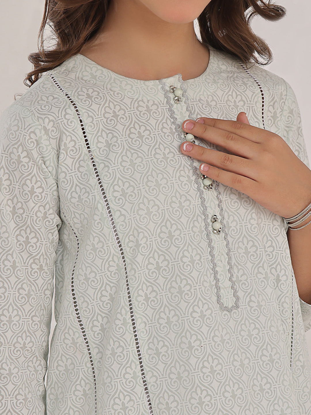 Oaks - Printed Pret Kurti Yarn Dyed Green &amp; White  - 1 Piece