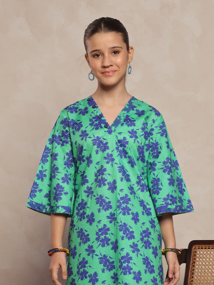 Oaks - Printed Pret Shirt Trouser Cambric Green & Blue  - 2 Piece