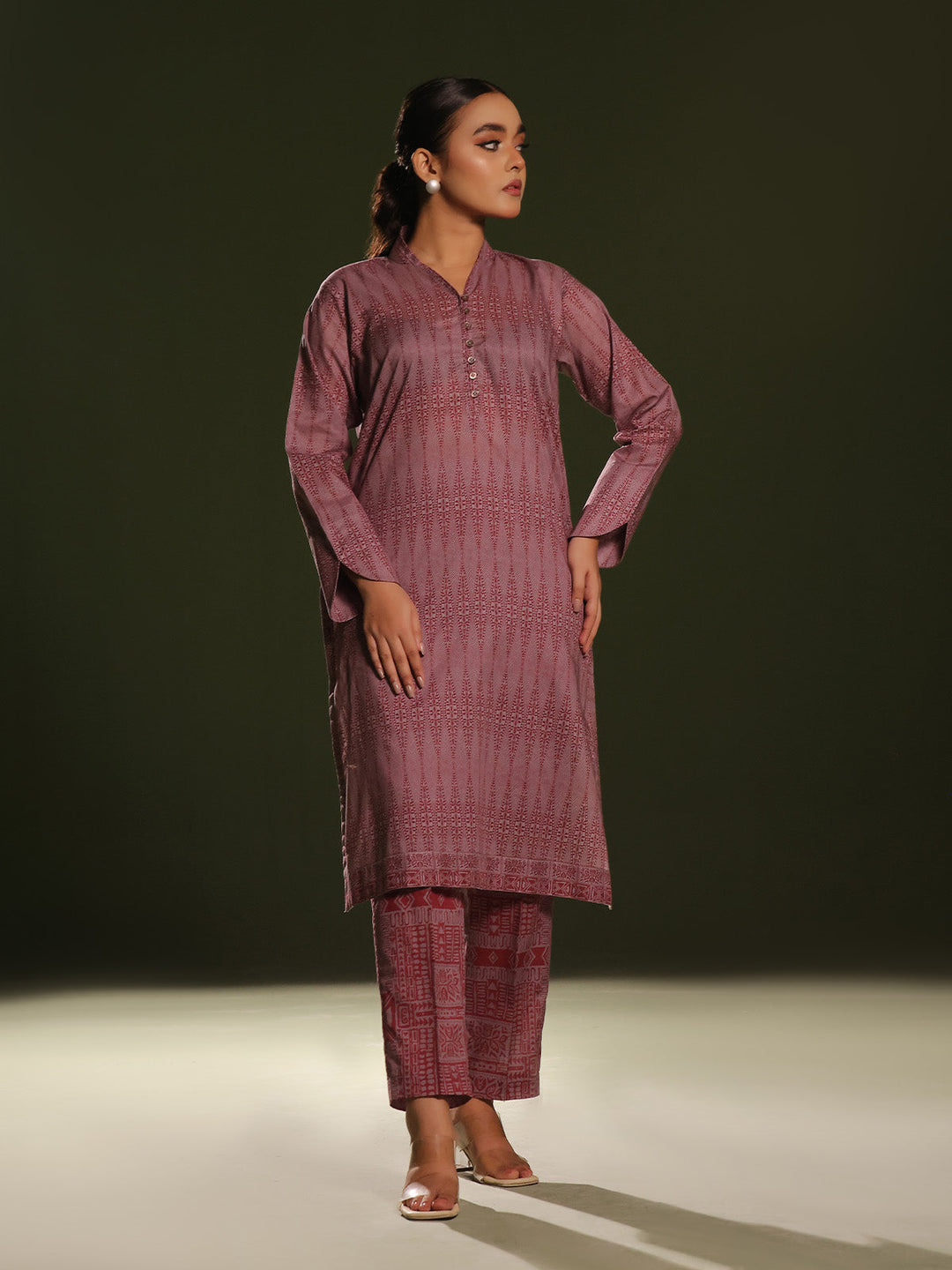 Oaks - Printed Pret Shirt Trouser Cambric Maroon  - 2 Piece