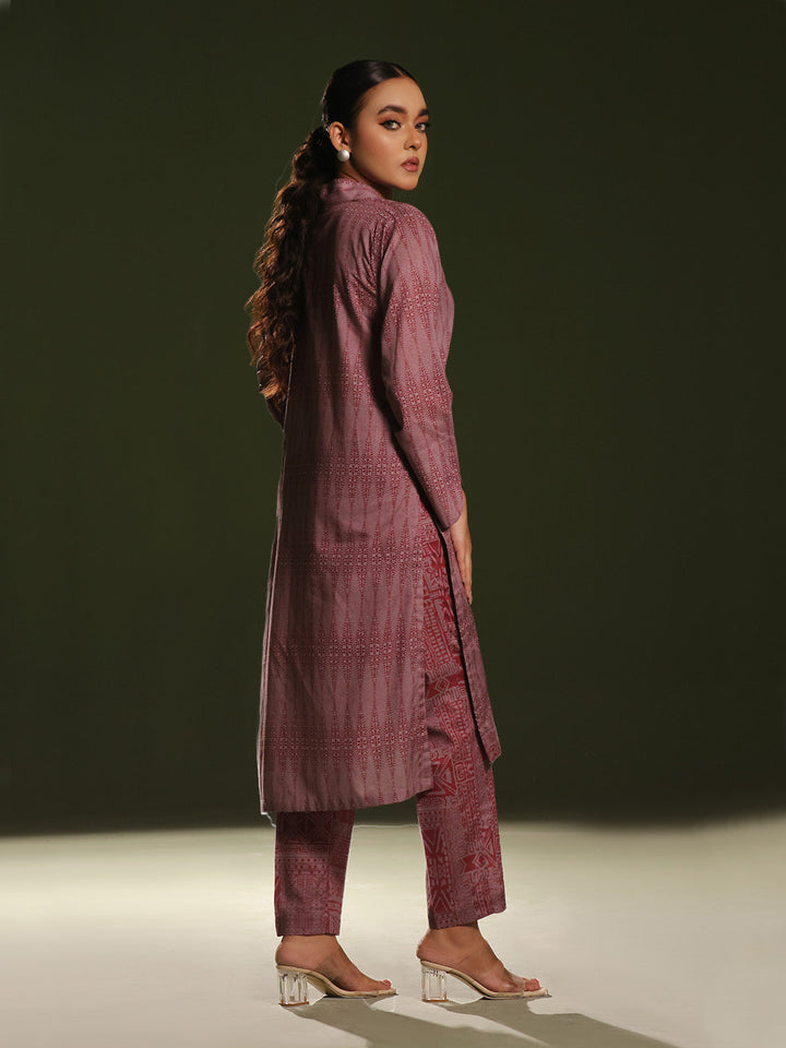 Oaks - Printed Pret Shirt Trouser Cambric Maroon  - 2 Piece