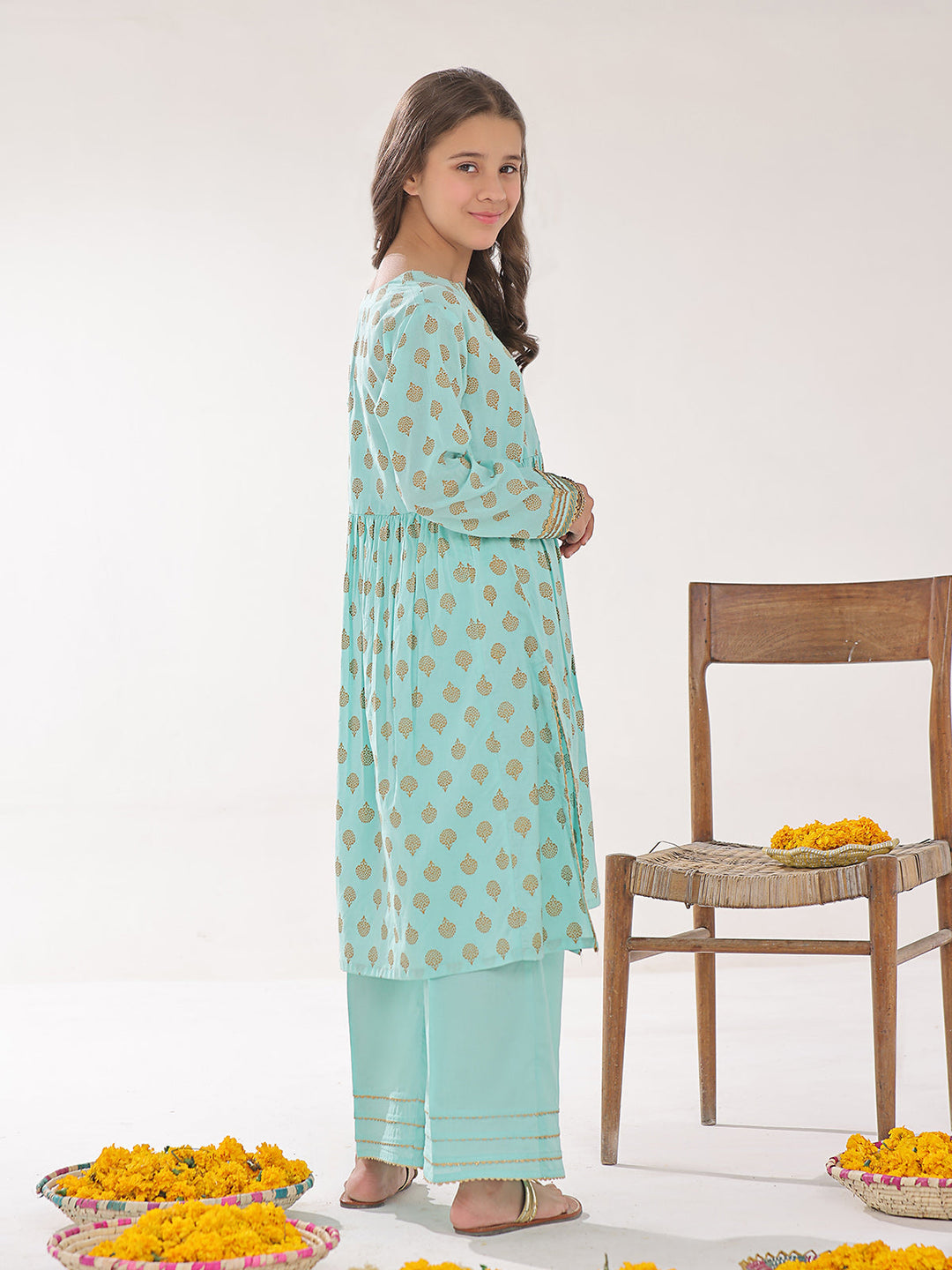 Oaks - Printed Pret Shirt Trouser Dyed Lawn Ferozi  - 2 Piece