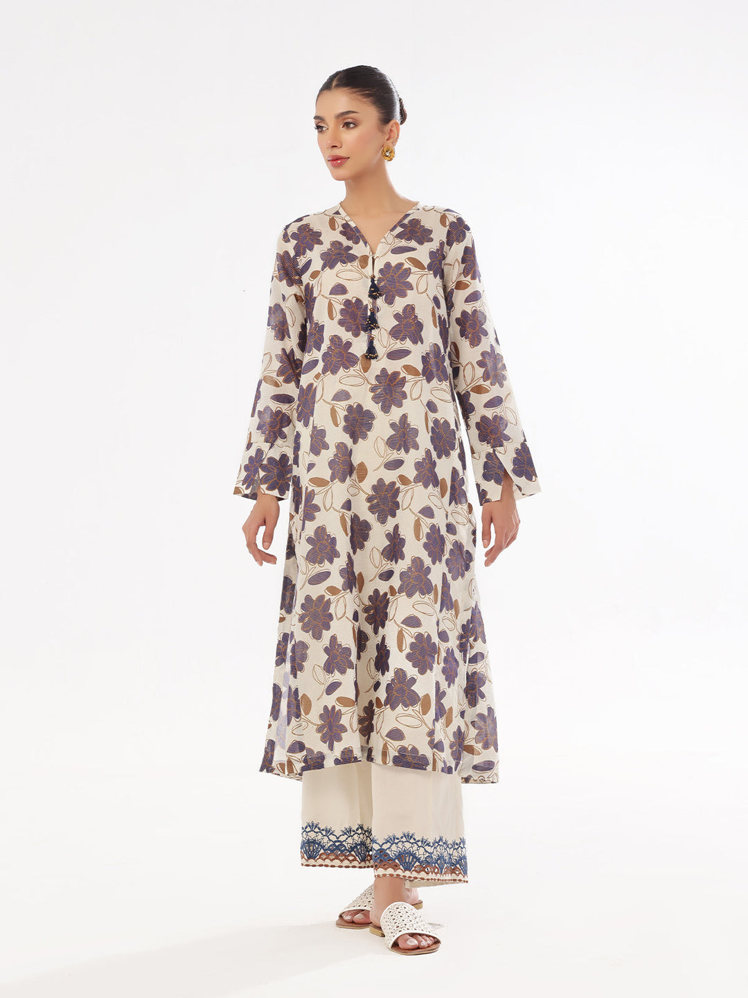 Oaks - Printed Pret Shirt Trouser Masoori Lawn Beige & Blue  - 2 Piece